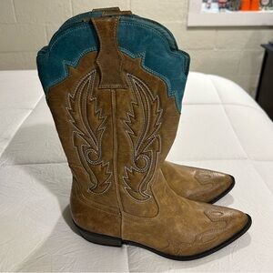 Coconuts Brown and Teal Western Cowboy Boots Women’s Size 8.5
